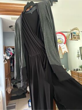 Tahari Black Wrap Jumpsuit with Charcoal Gray Open Cardigan